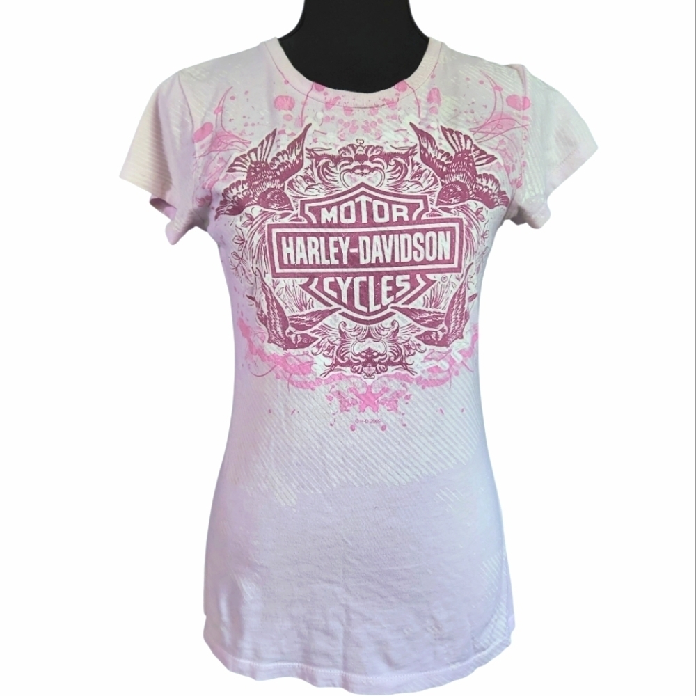 Y2K Harley Davidson Sz Medium Pink Biker Bird Motorcycle Fitted Top